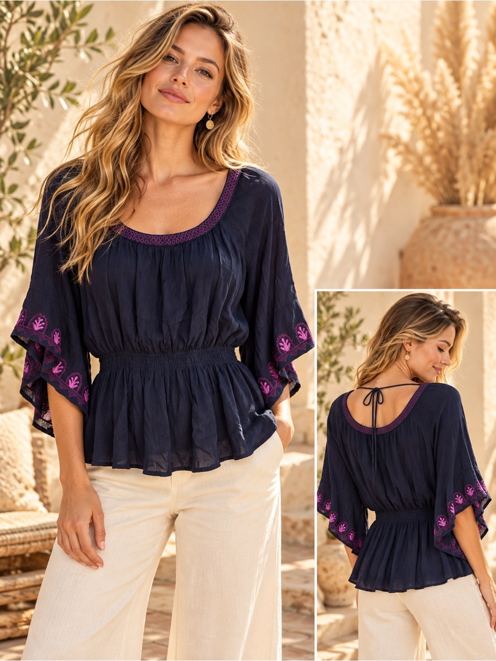 NWT Skies Are Blue Navy Peasant Tunic with Purple Trim